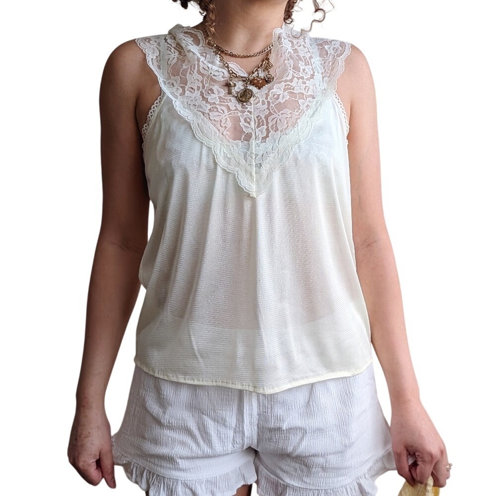 Vintage 90s Whimsy Ethereal Regency Pale Yellow Lace Satin Tank Top